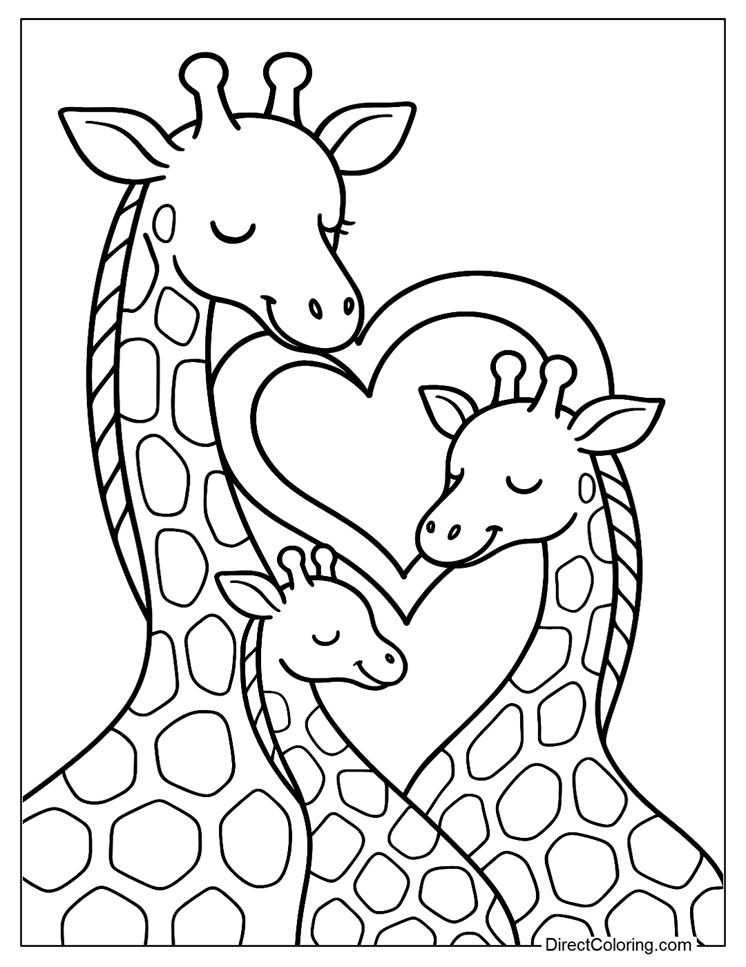 coloring page A family of giraffes wrapped around each other's necks to form a heart